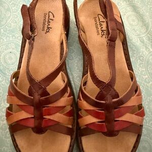 Clarks Brown Tan and Red Leather Woven Slingback Sandals
